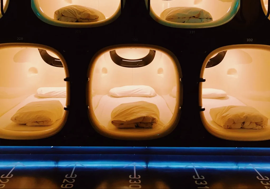 Interior view of a capsule hotel in Tokyo