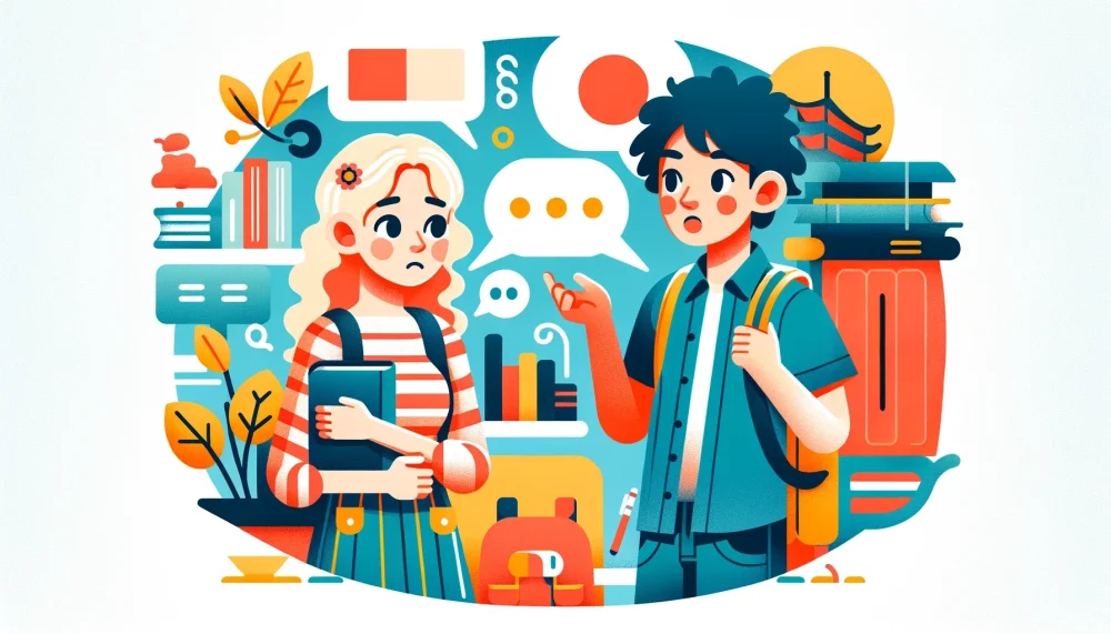 Illustration of a bewildered foreign student talking with a Japanese